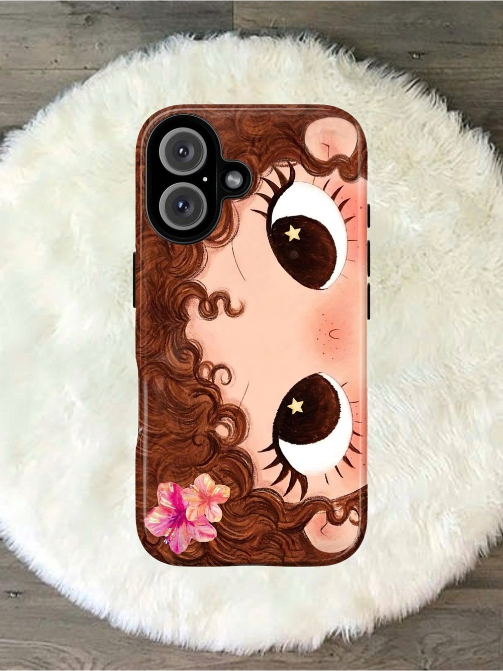 Cute Curly Hair Bigeyes Illustration Phone Case - Brown